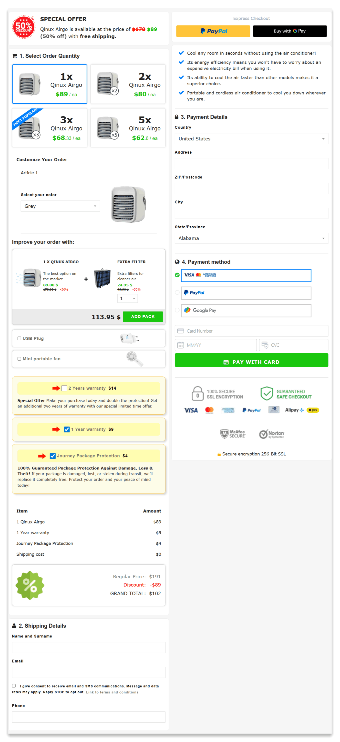 Qinux Airgo secure checkout page